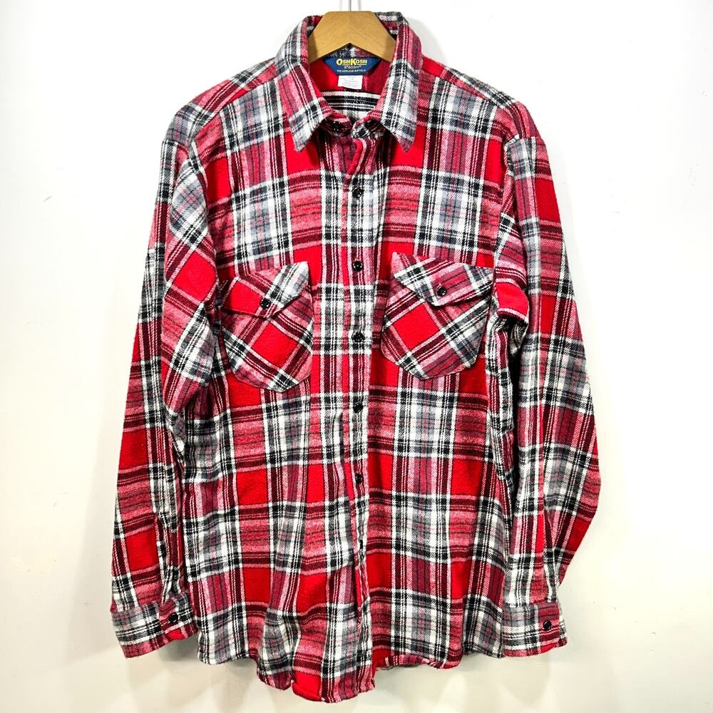 VINTAGE Oshkosh B Gosh Shirt Mens L Red Plaid Flannel Heavy 90s